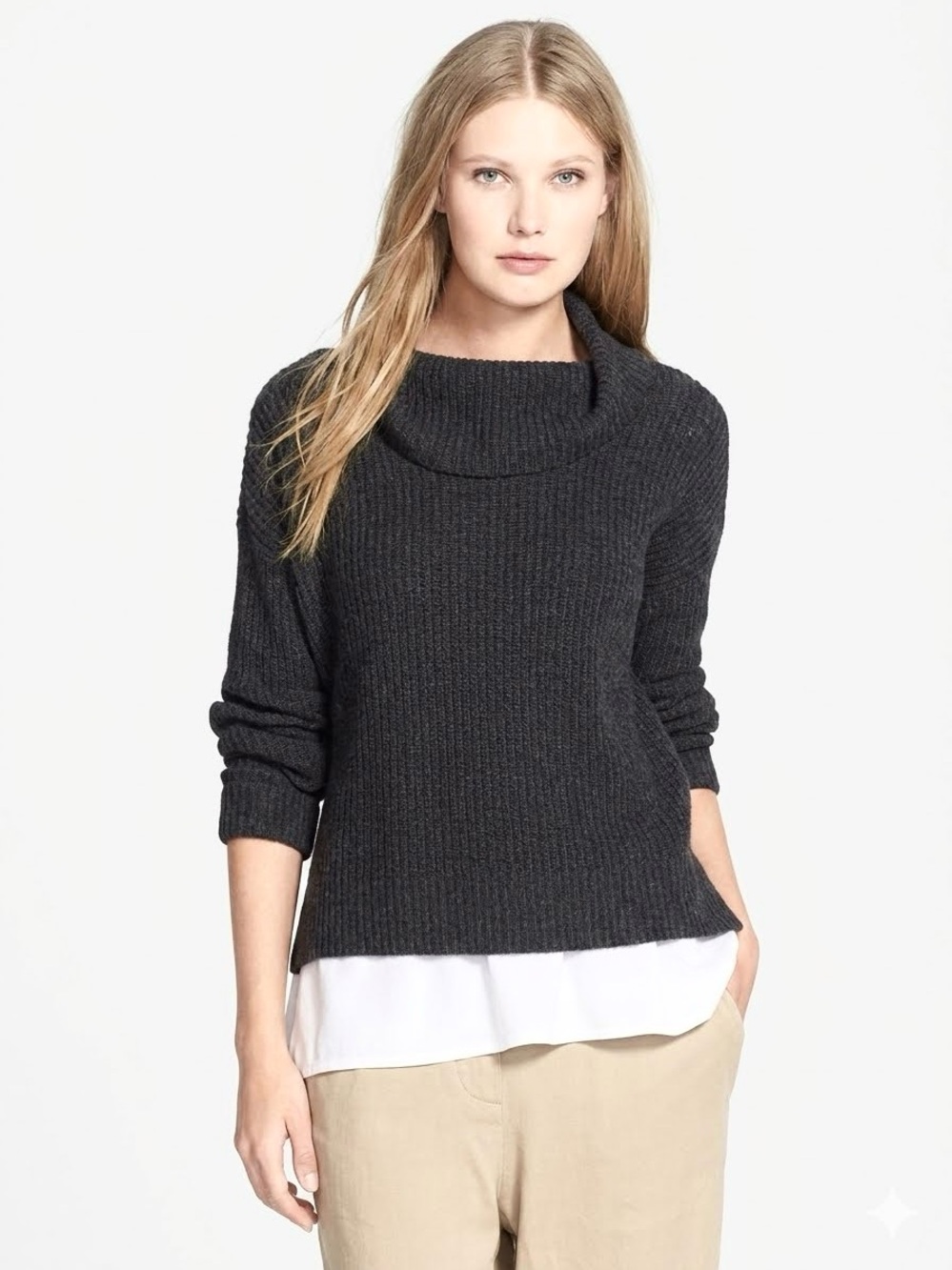 Eileen Fisher Yak & Merino Wool Funnel Cowl Neck Sweater Charcoal Sz L Minimal